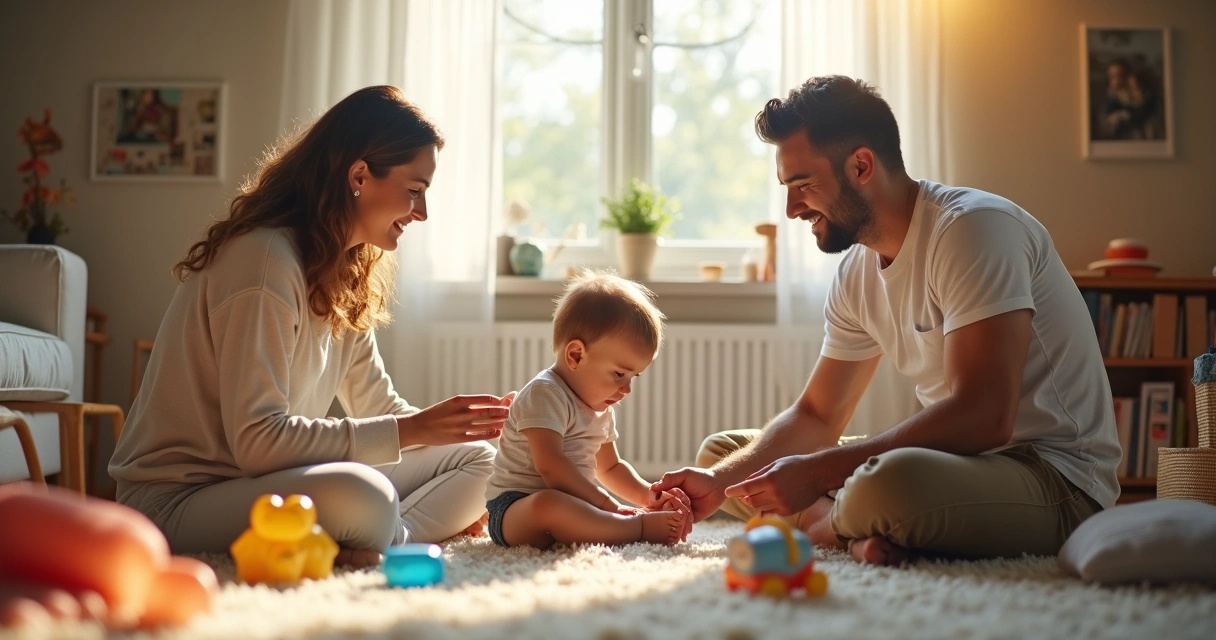 Pais brincando com criança pequena em sala aconchegante 