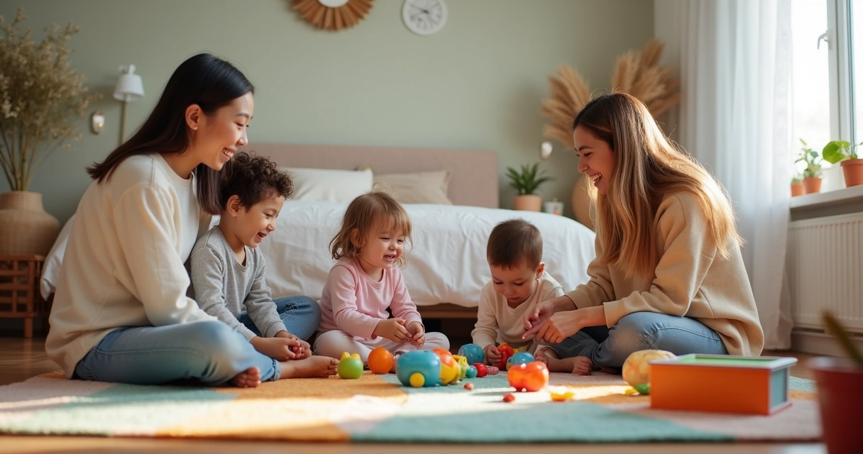 Pais brincando com filhos em um quarto arrumado 