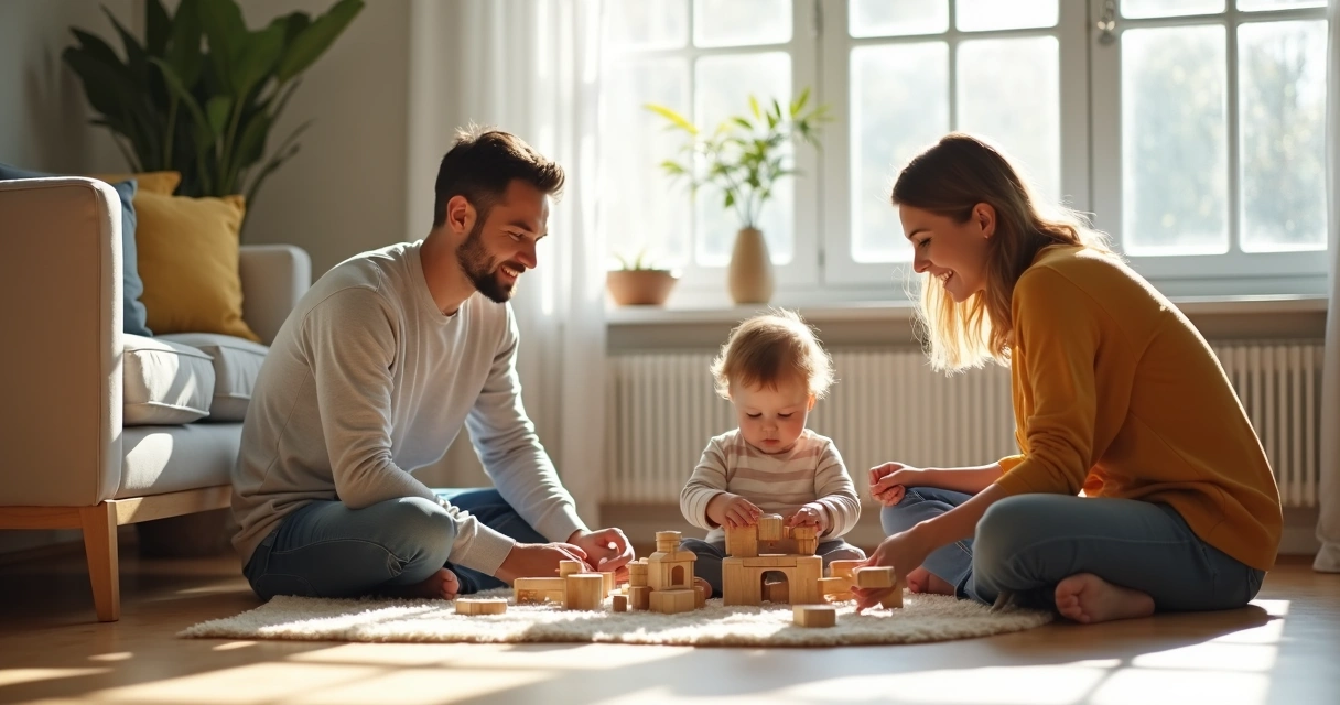 Pais brincam com o filho em sala de estar bem iluminada 