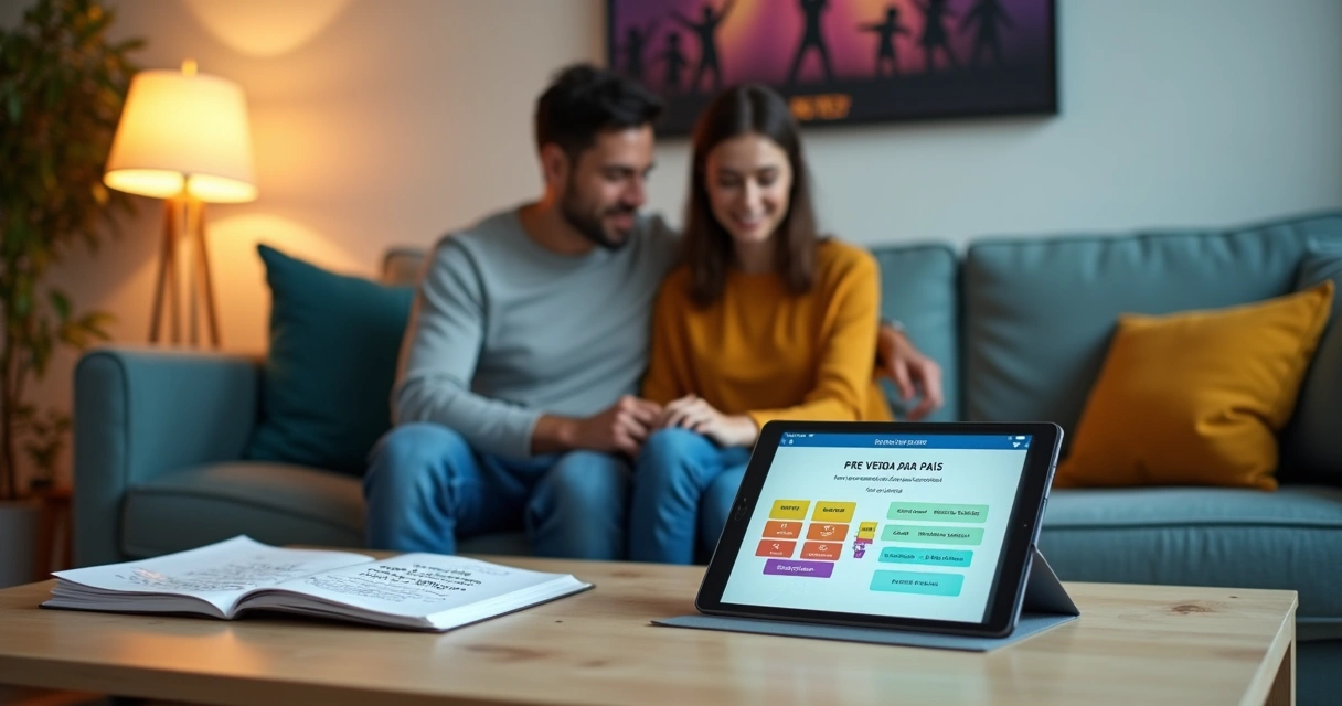 Pais comprando ingressos em pré-venda para apresentação escolar em tablet 