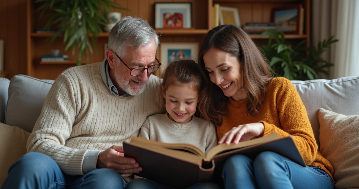 Pais sentados contando histórias aos filhos na sala