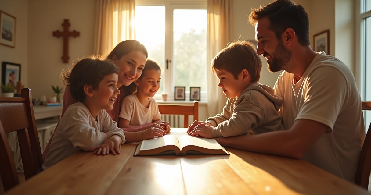 Pais cristãos lendo a Bíblia com filhos pequenos à mesa ao amanhecer 