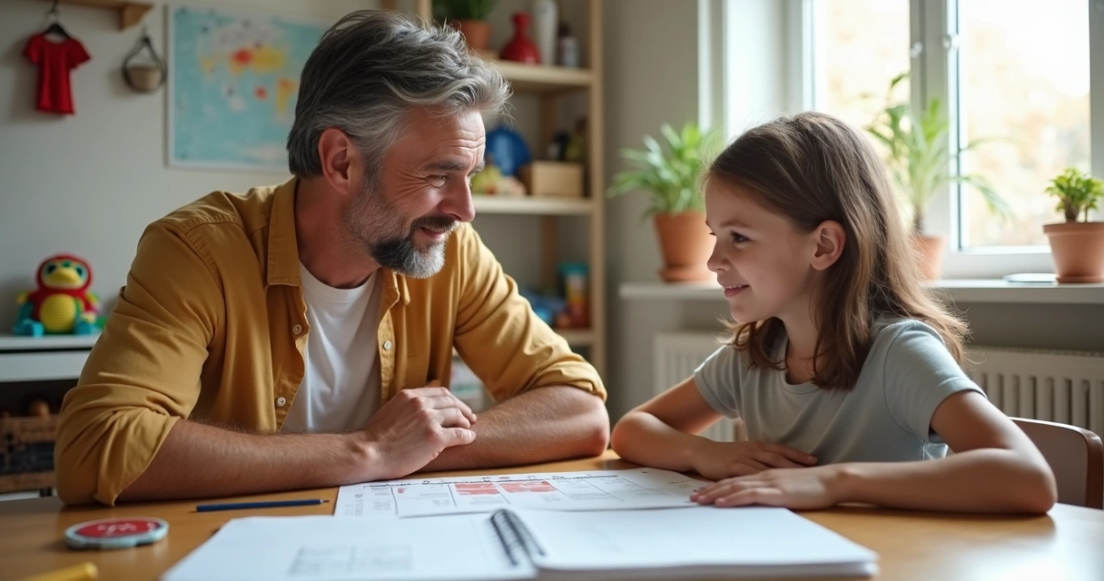 Pais sentados em uma sala conversando sobre a rotina dos filhos 