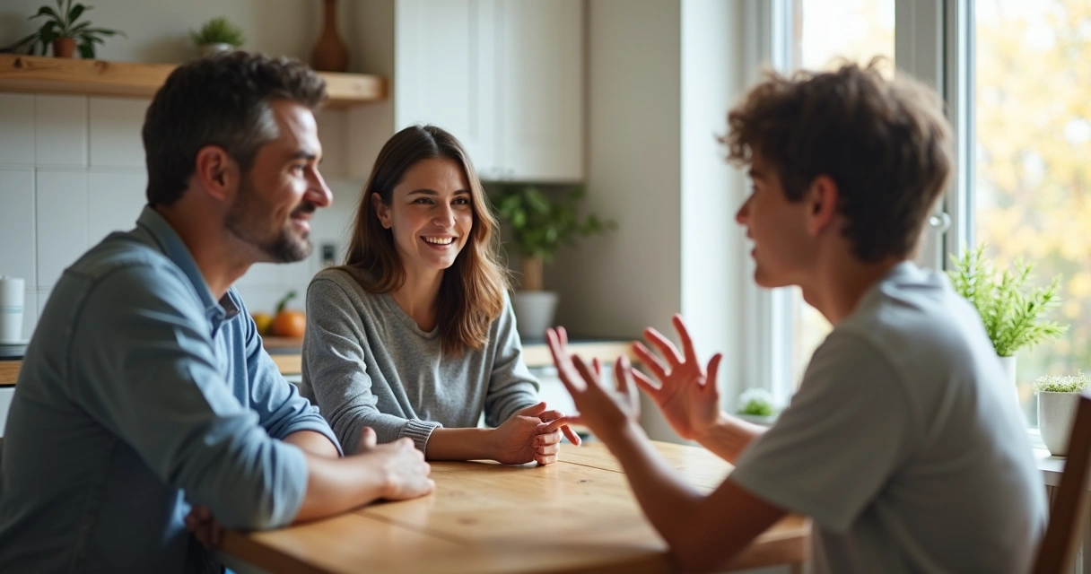 Pais conversando calmamente com filho adolescente na cozinha 