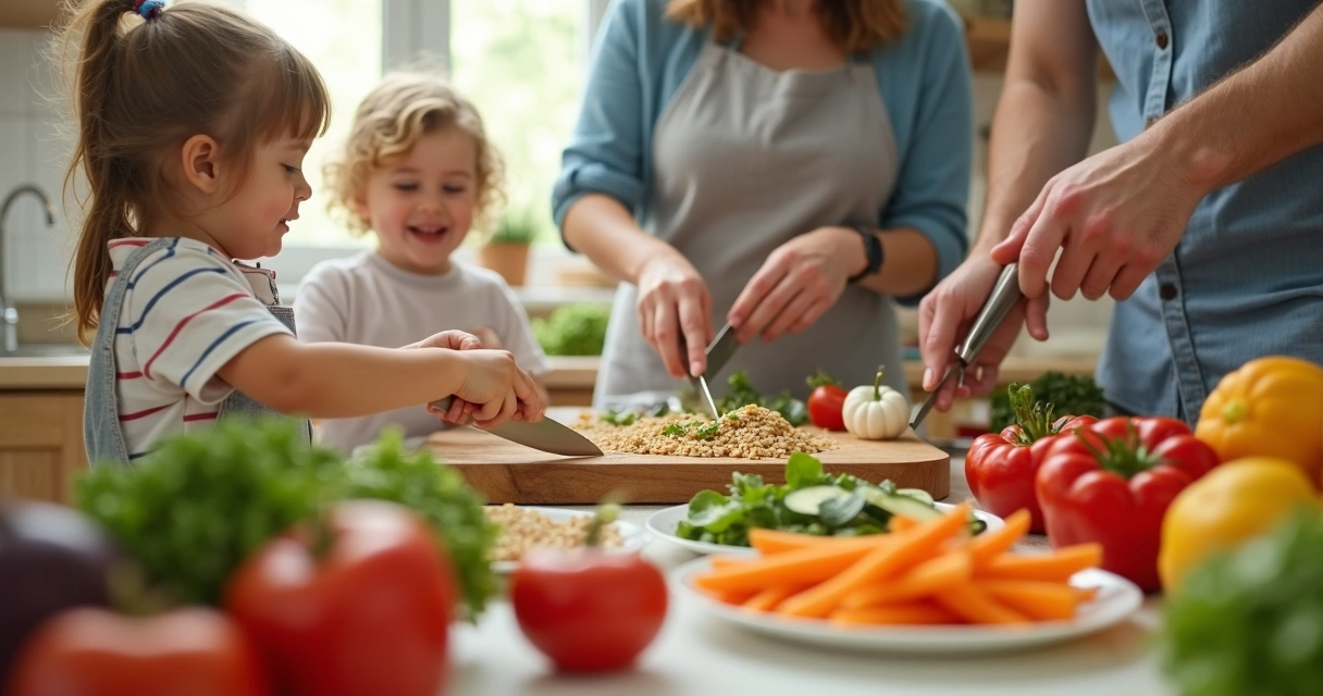 Família preparando refeição saudável juntos na cozinha 