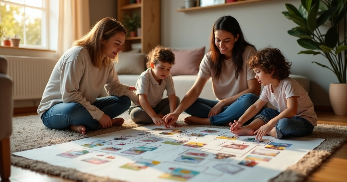 Pais e filhos em sala de casa organizando linha do tempo familiar no chão 