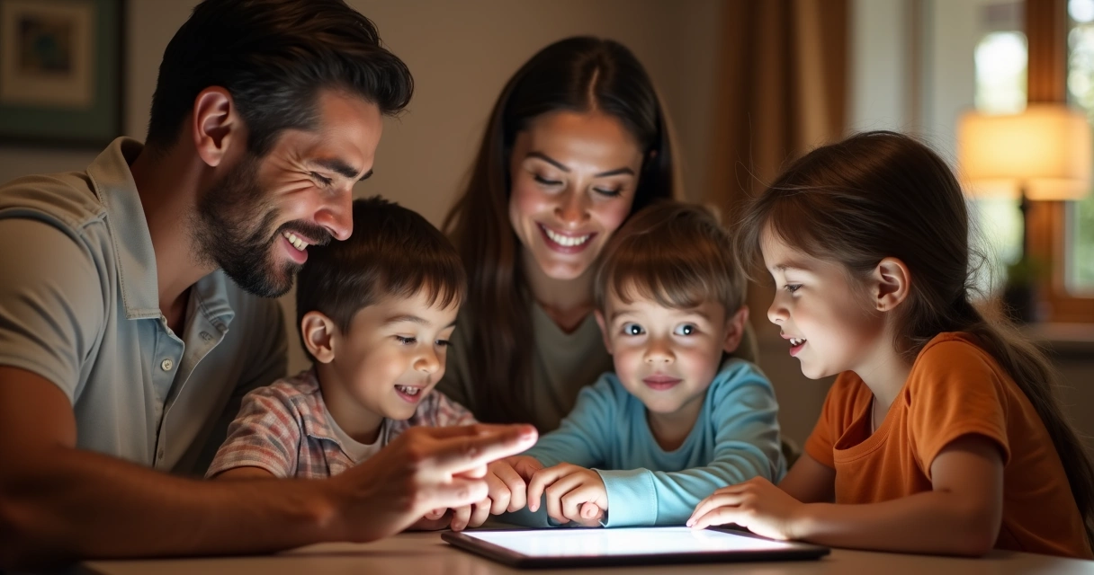 Pais e filhos sentados juntos usando um tablet, conversando de forma atenta 