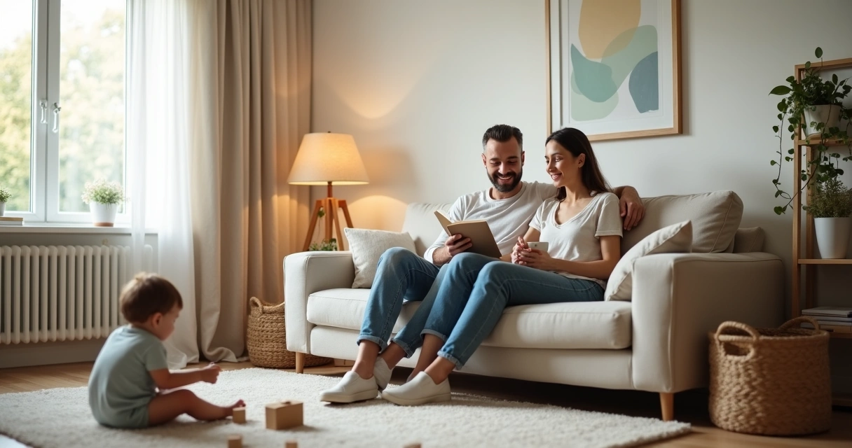 Pais de criança pequena descansando juntos no sofá enquanto o filho brinca no tapete 