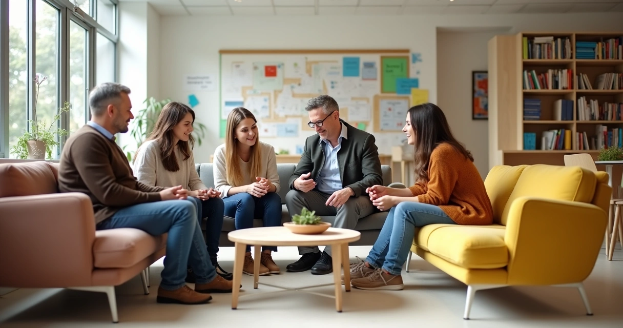 Grupo de pais conversando com professores em ambiente escolar moderno 