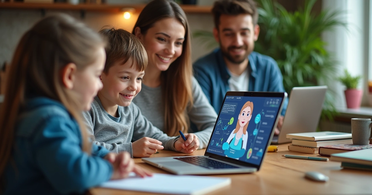 Pais e alunos interagindo com atendimento escolar por notebook 