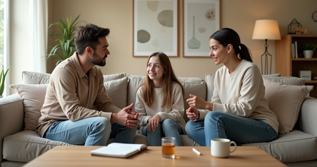Pais sentados no sofá em conversa acolhedora com filho adolescente 