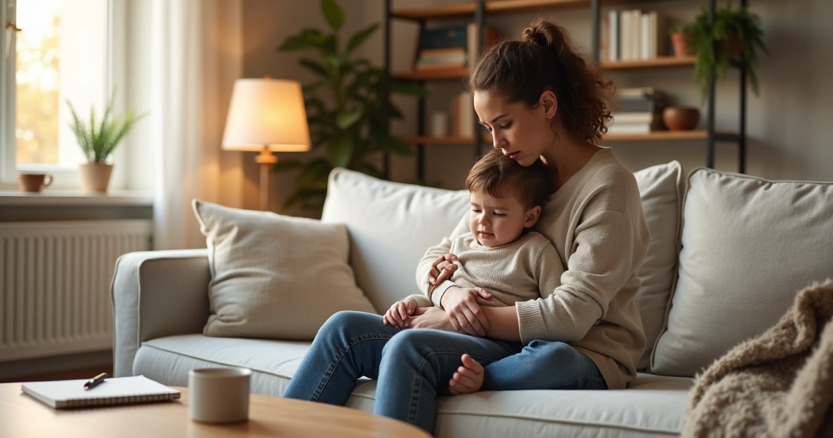 Mãe abraçando filho pequeno sentado no sofá em sala iluminada 