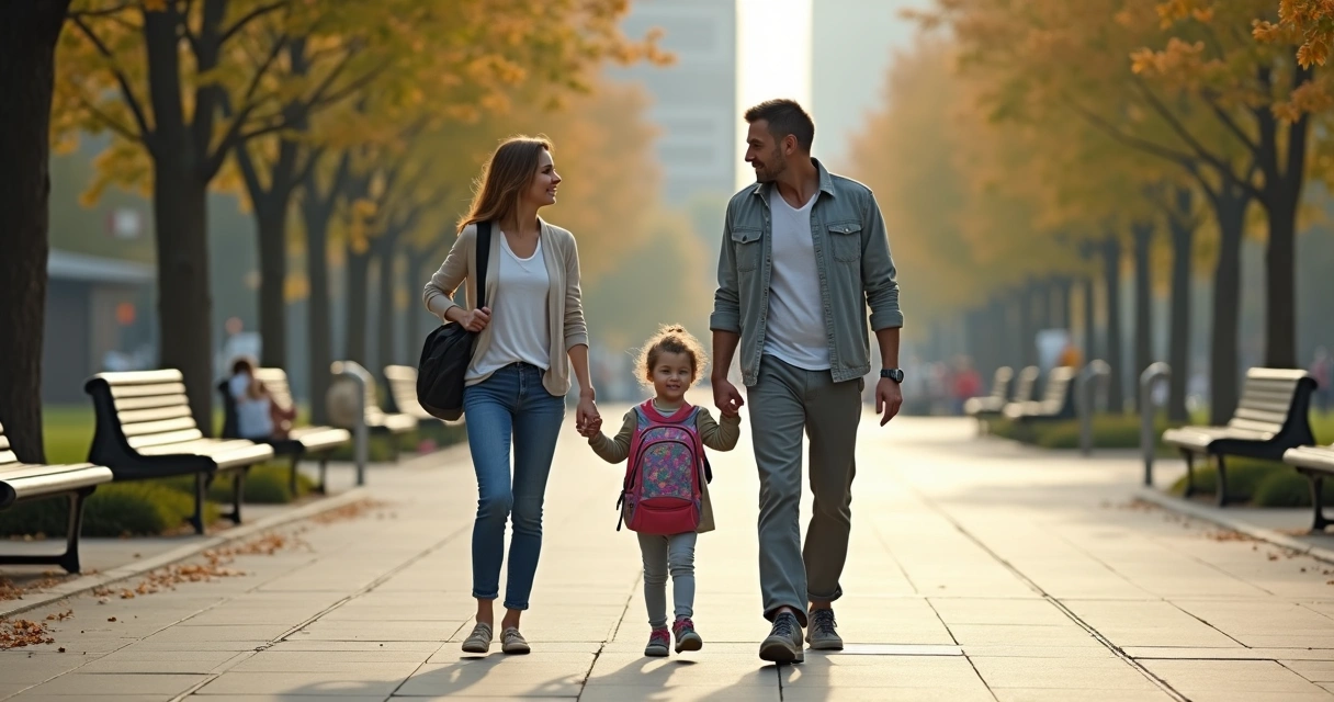Pais separados caminhando com o filho em espaço neutro ao ar livre 