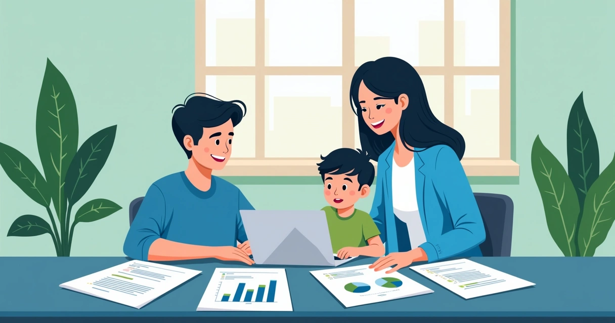 Pais e filho analisando investimentos juntos numa mesa. 