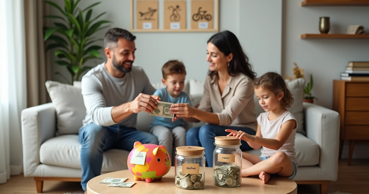 Pais entregando mesada ao filho com cofrinho e quadro de sonhos ao fundo 