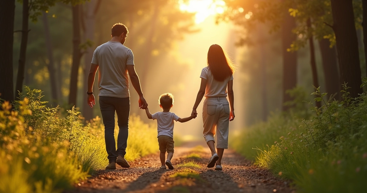 Pais caminhando com filho pequeno por trilha em floresta alargada por trilha de luz 