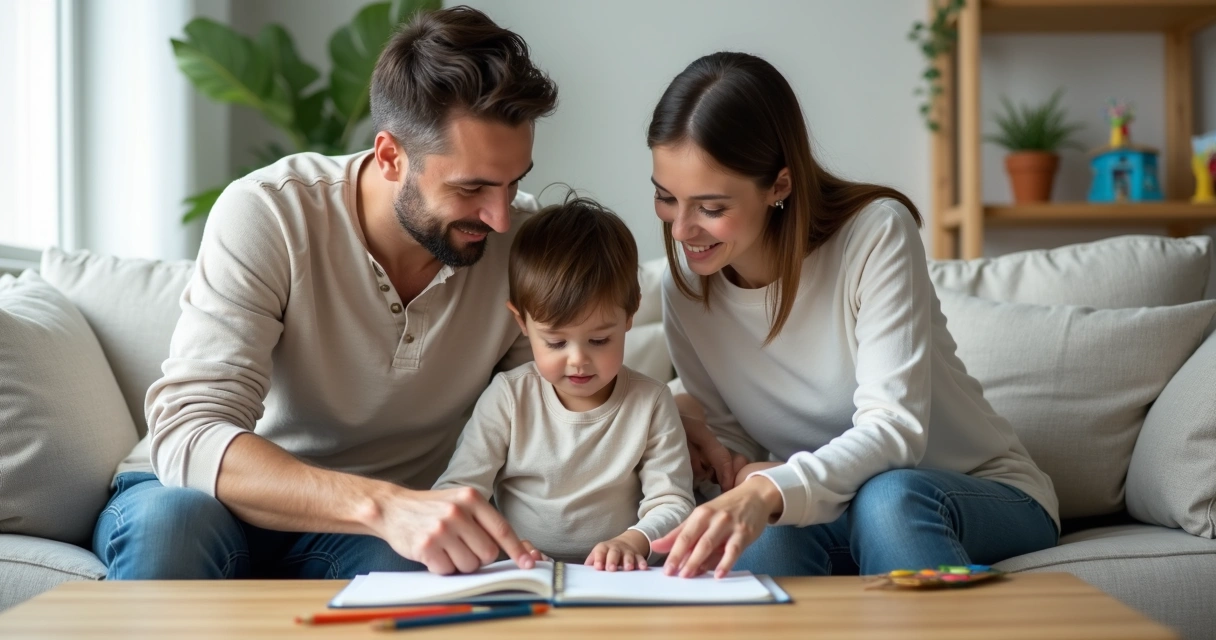 Casal sentado com filho pequeno no sofá planejando juntos a educação da criança 