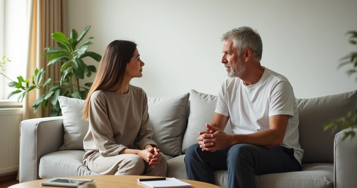 Pai e filha adulta conversando com calma na sala de estar 