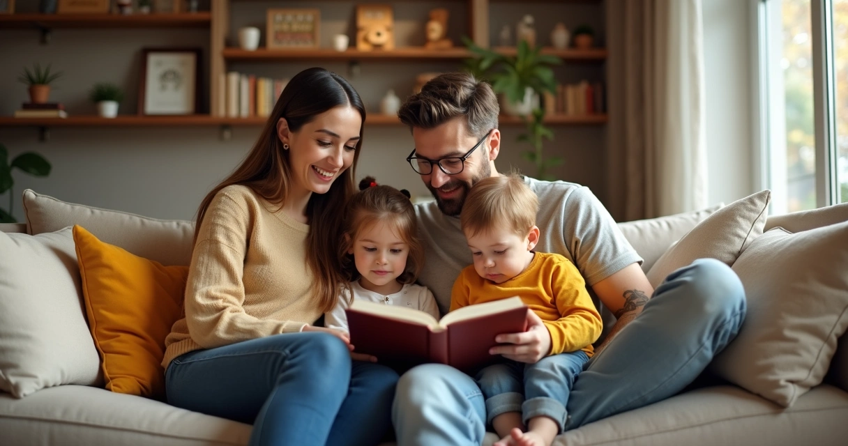 Pais e filhos sentados juntos em um sofá lendo um livro. 