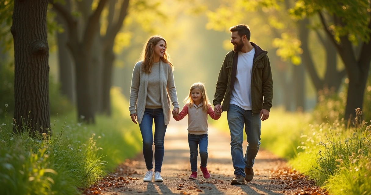 Pais e filhos brincando em caminhada ao ar livre