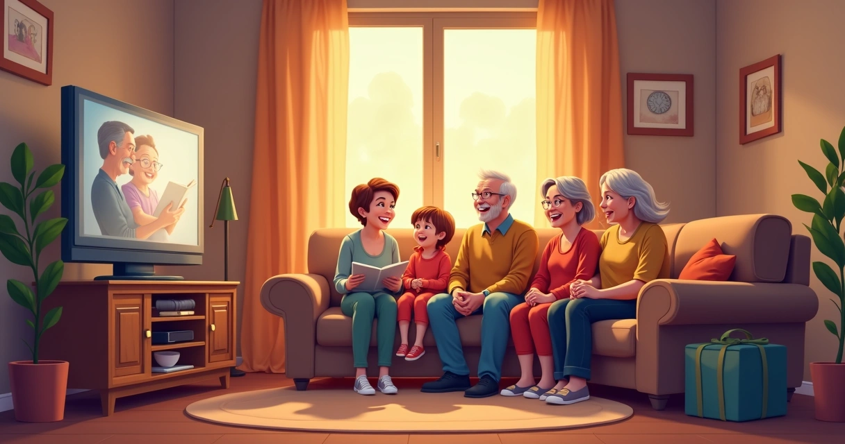 Família de gerações diferentes reunida em casa assistindo filme antigo juntos no sofá 