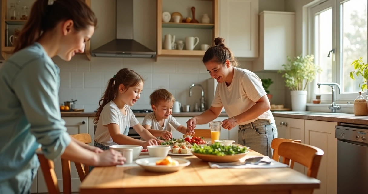 Pais e filhos realizando tarefas domésticas juntos 