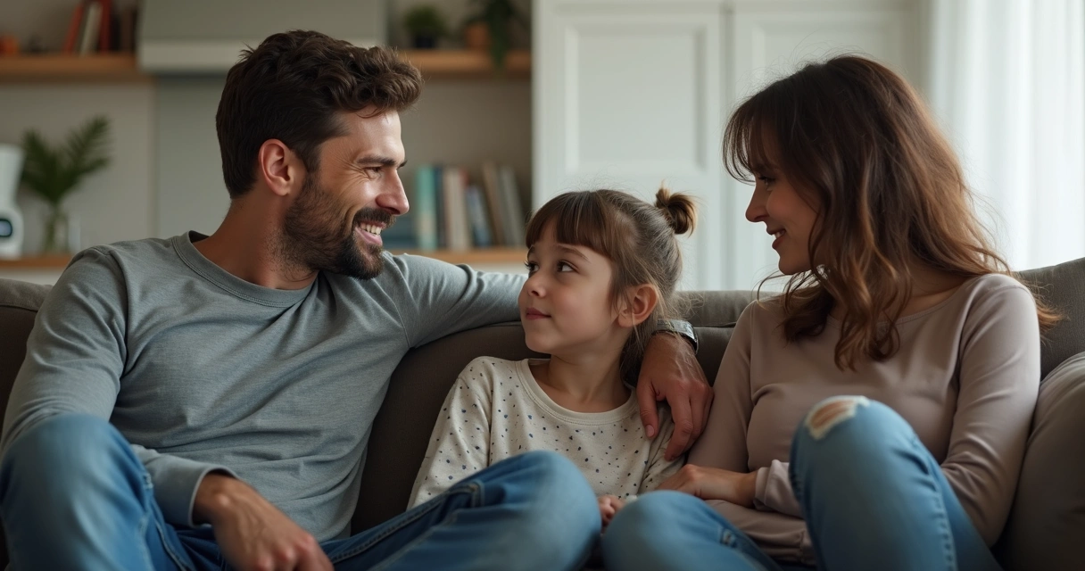 Pais e filho sentados no sofá em conversa empática 