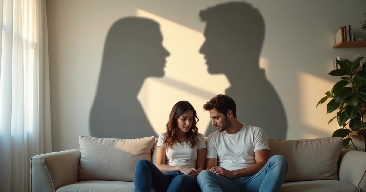 Casal adulto sentado em sofá refletindo enquanto silhuetas dos pais aparecem ao fundo 