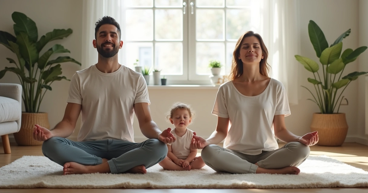 Pais sentados em tapete meditando em casa com criança ao lado 