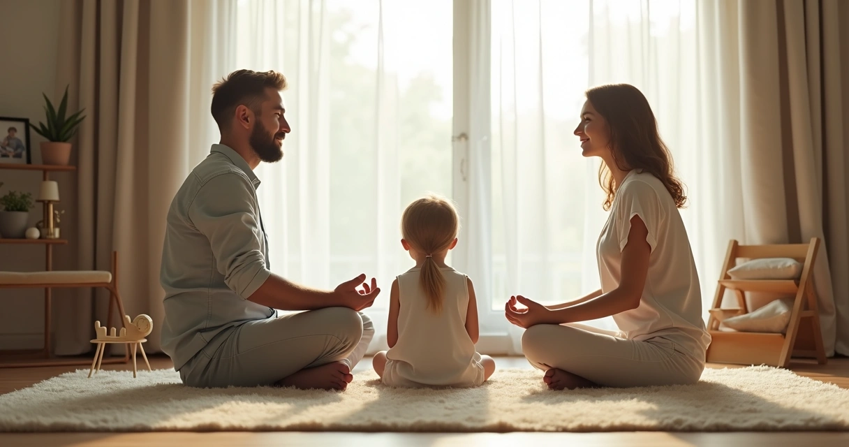 Pais meditam sentados com filhos pequenos em sala de estar bem iluminada 