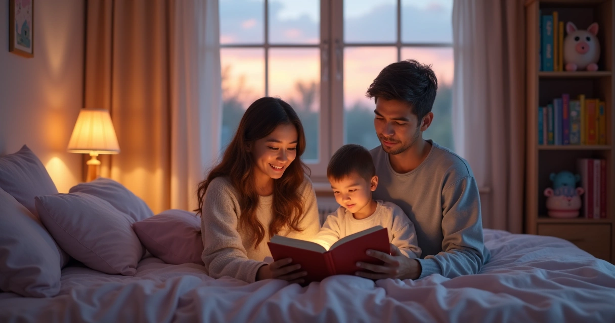 Pais sentados confortavelmente lendo histórias para uma criança antes de dormir em ambiente acolhedor e tranquilo 