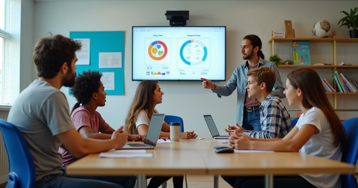 Pais conversam com treinador em sala de escola de futebol, olhando para tela com gráficos e desempenho dos alunos