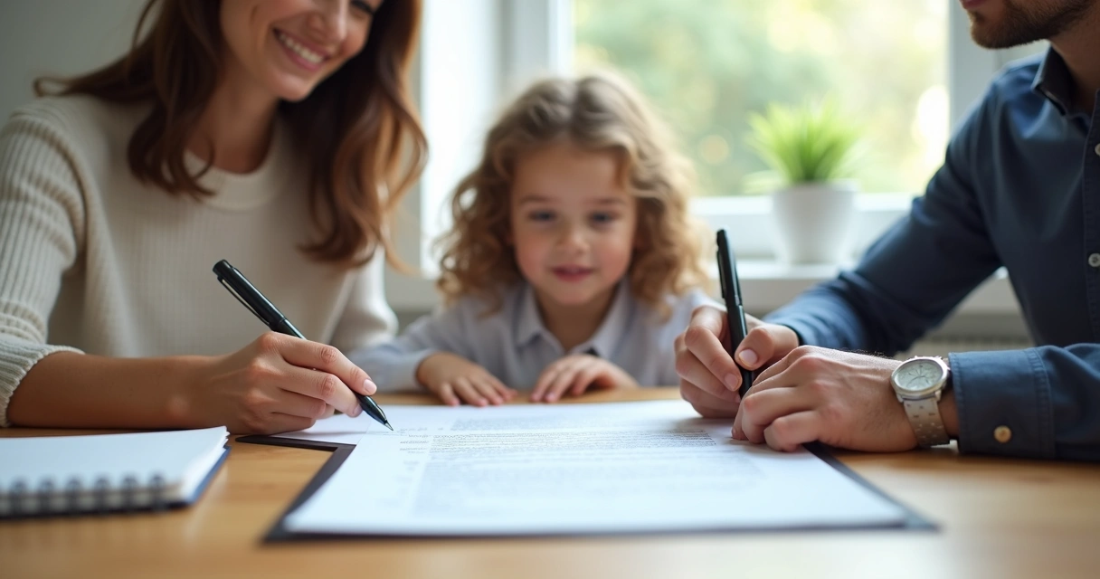 Pais separados assinando acordo de férias dos filhos