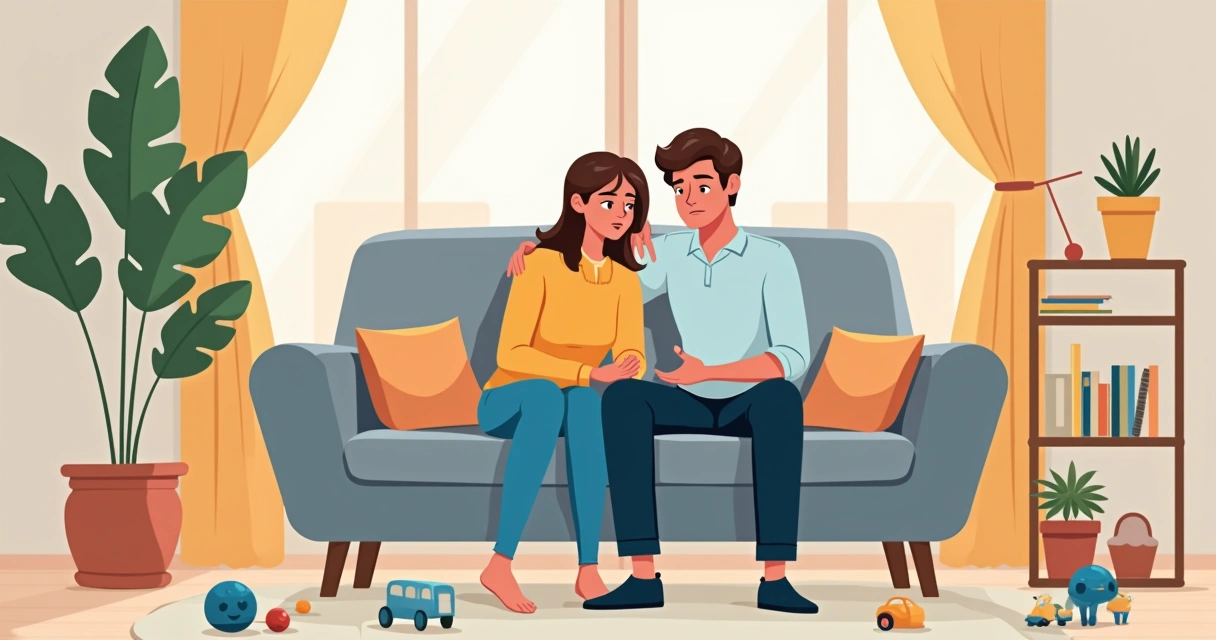 Casal sentado no sofá olhando para baixo, com expressão cansada e brinquedos espalhados no chão 