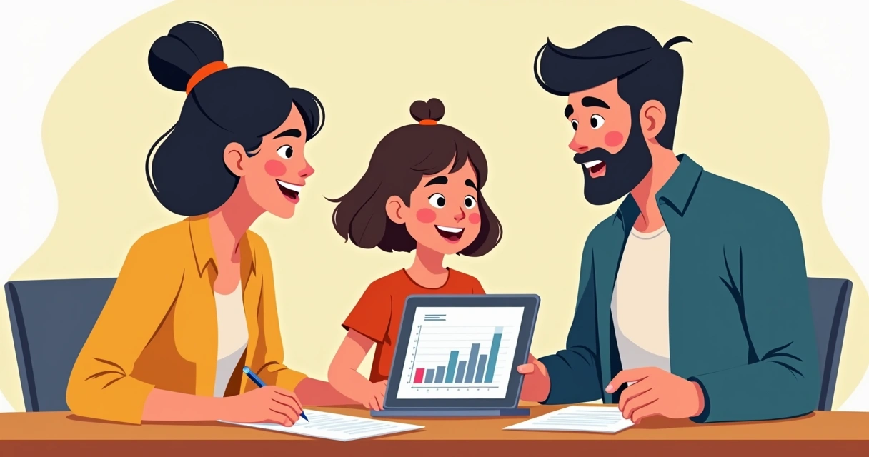 Terapeuta e pais observando anotações em um diário digital de evolução comportamental 