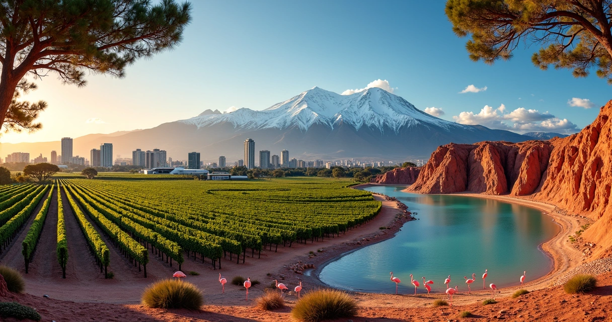 Paisagem panorâmica no Chile com montanhas nevadas, deserto e vinhedos ao pôr do sol 