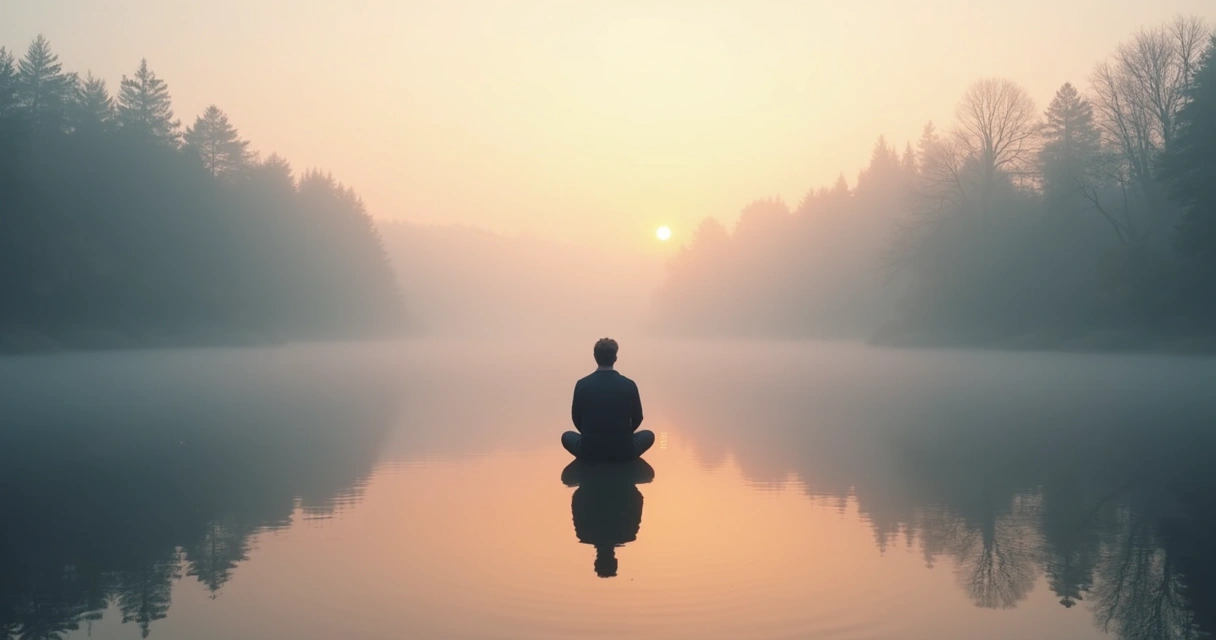 Pessoa sentada de frente a um lago calmo com árvores em volta, apreciando a natureza em silêncio 