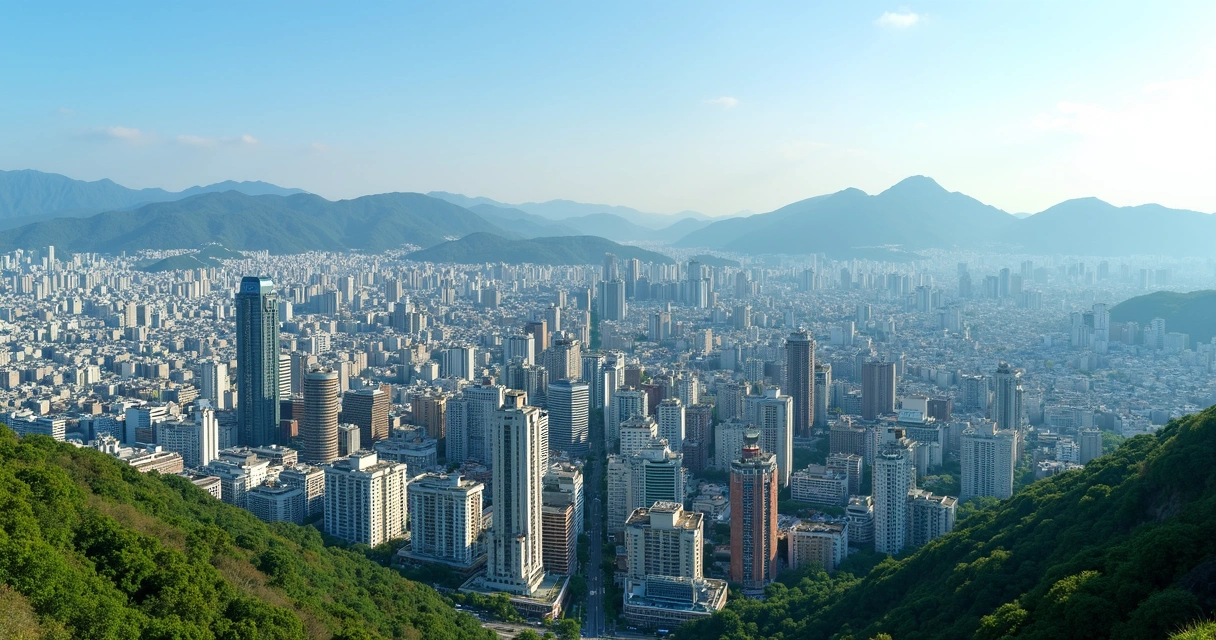 Vista panorâmica diurna de Seul com arranha-céus modernos, montanhas ao fundo e um céu azul claro 