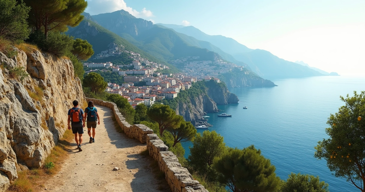 Paisagem de trilha entre vilarejos e limoeiros na Costa Amalfitana 