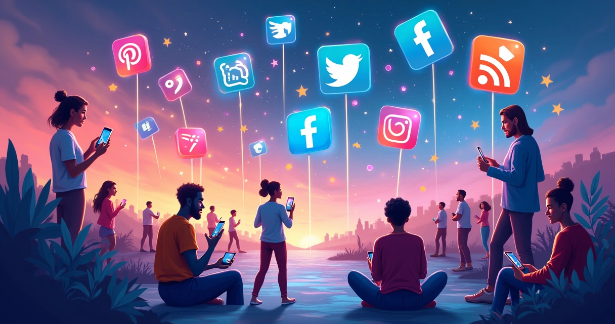Ilustração vibrante do ambiente digital das redes sociais, destacando interações culturais e diversidade.