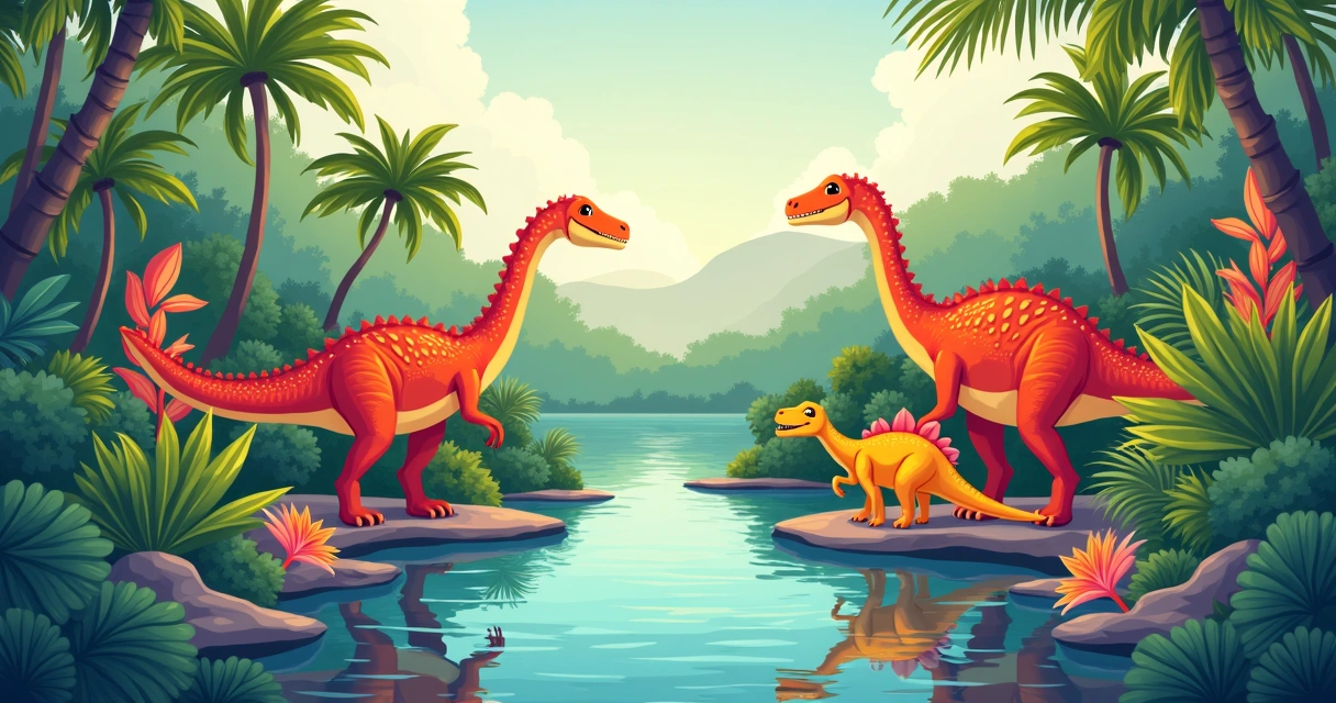 Dinossauros coloridos entre plantas tropicais e lago raso 