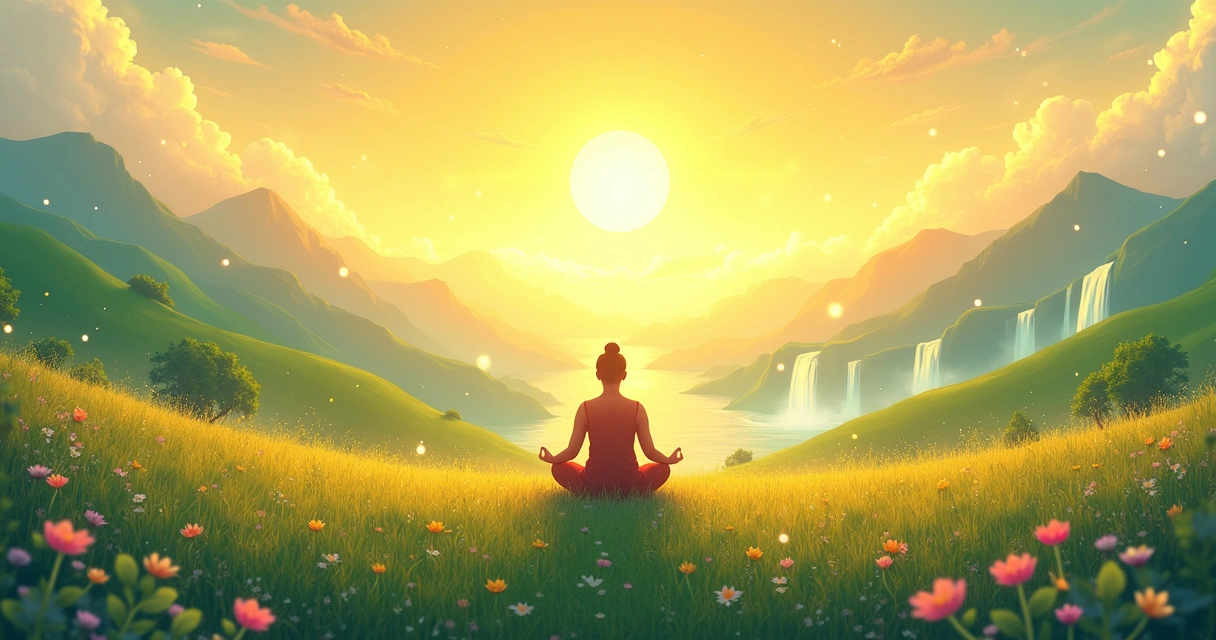 Paisagem serena com meditação e energia positiva, simbolizando a prosperidade e abundância.