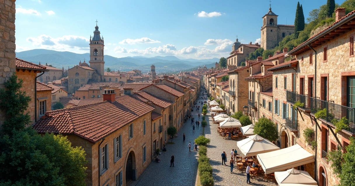 Vista panorâmica de cidade histórica europeia com arquitetura antiga e ruas de pedras sob céu azul 