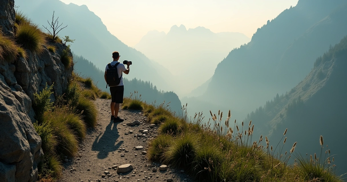 Fotógrafo em trilha de montanha pouco conhecida ao amanhecer 