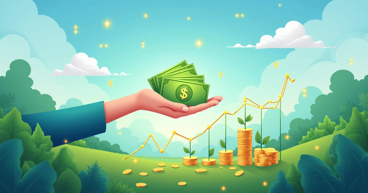 Uma cena financeira serena com mãos segurando cheques de dividendos e gráficos positivos em um fundo azul claro.