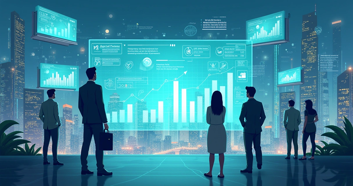 Pessoas analisando dicas de investimento personalizadas em um cenário financeiro futurista.