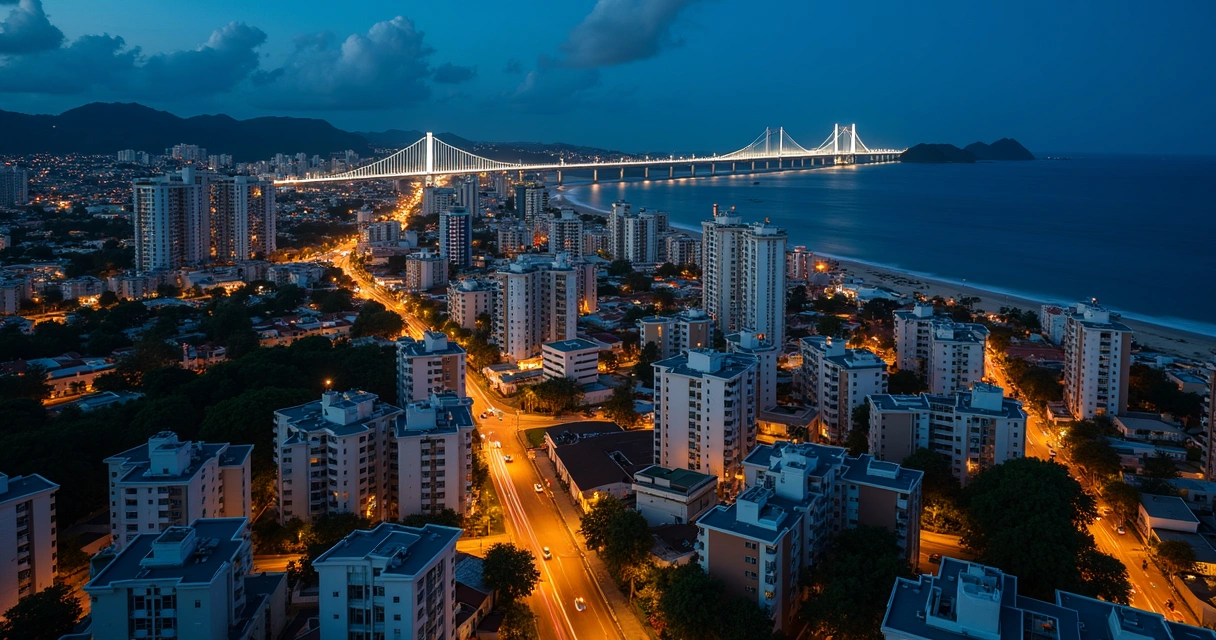 Vista aérea do centro de Florianópolis à noite com prédios e ponte Iluminada 