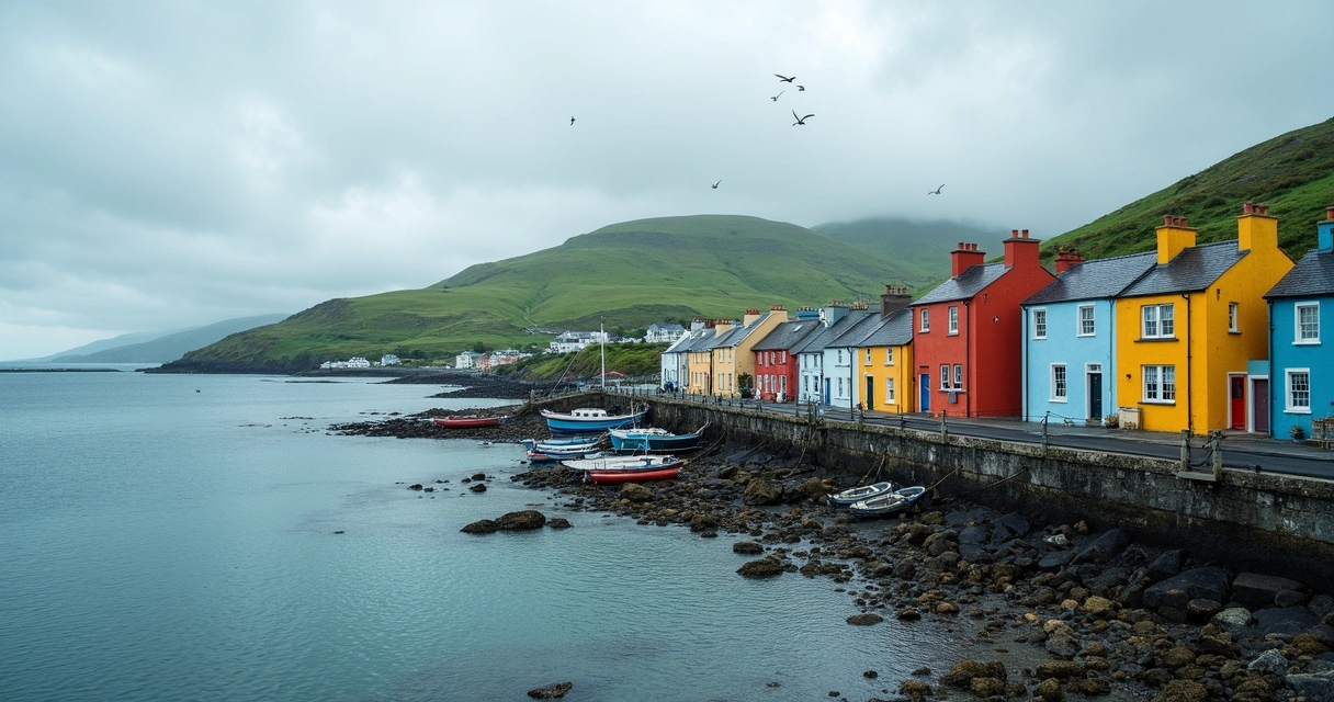 Paisagem costeira de Galway com casas coloridas à beira-mar e céu nublado 