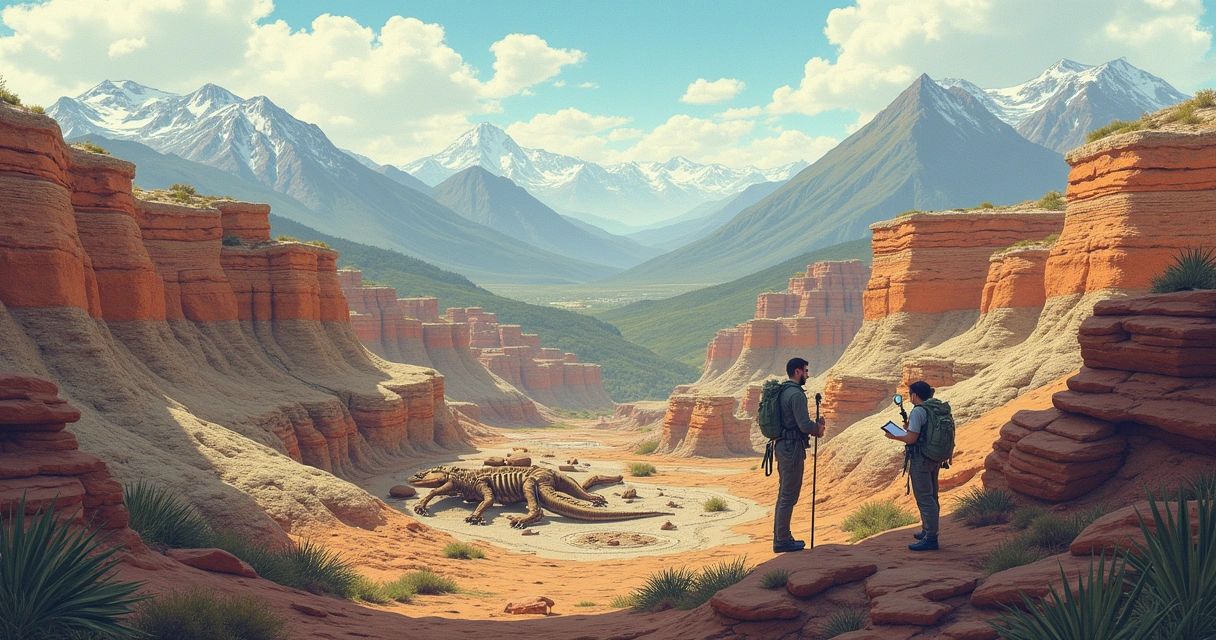 Geological landscape with scientists studying ancient rocks, fossils, and mountains under a blue sky.