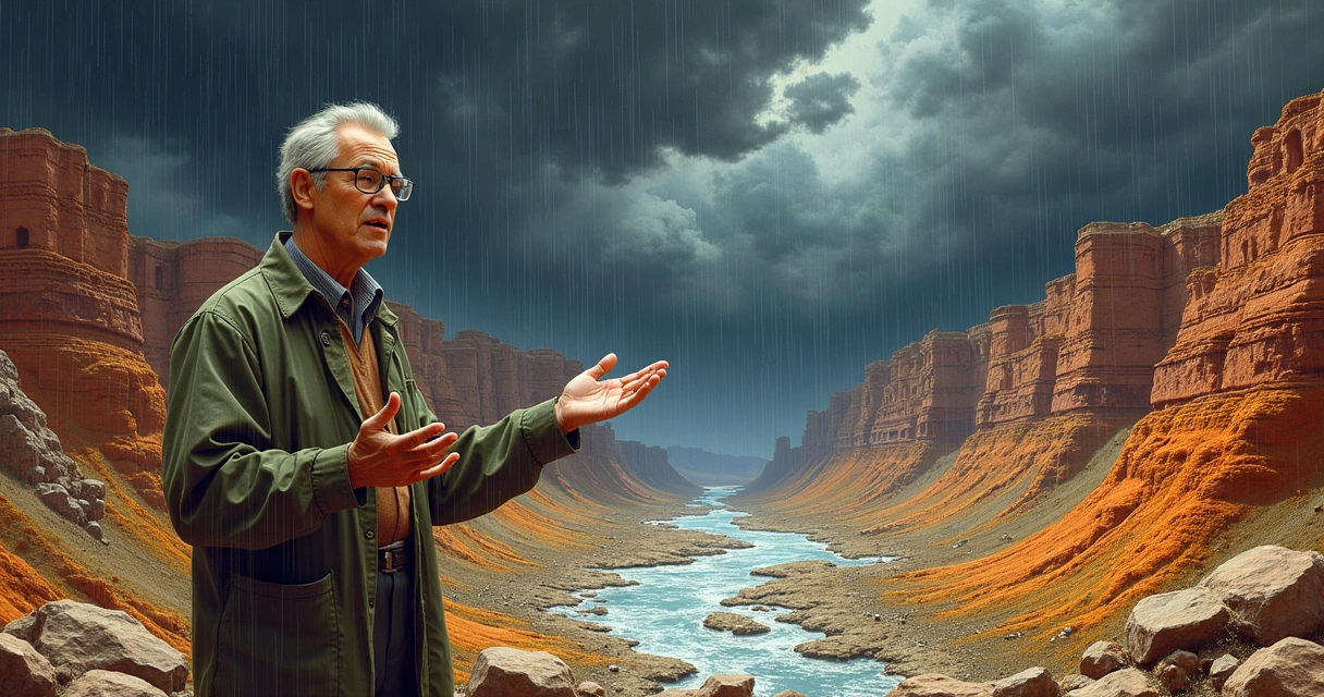 Dr. John Baumgardner discussing geological layers in a dramatic rocky landscape.